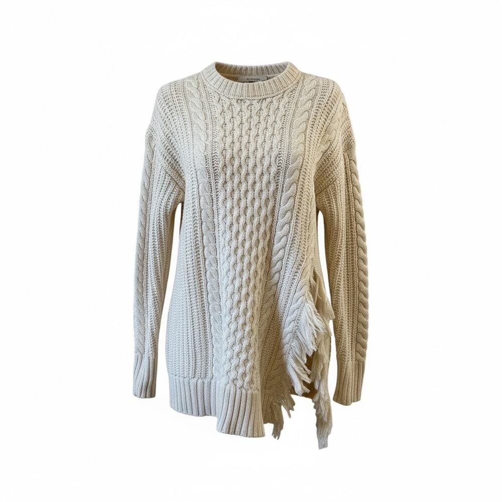 J. Crew Women Ivory Cable Knit Asymmetrical Side Slit Fringe Sweater Size S
